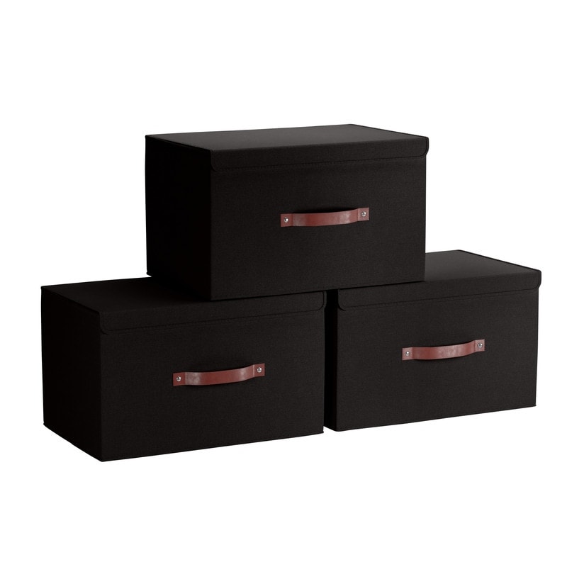 Grands bacs de rangement pliables en lin avec poignées et couvercle en cuir - Lot de 3