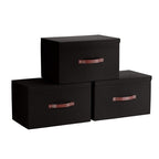 Grands bacs de rangement pliables en lin avec poignées et couvercle en cuir - Lot de 3