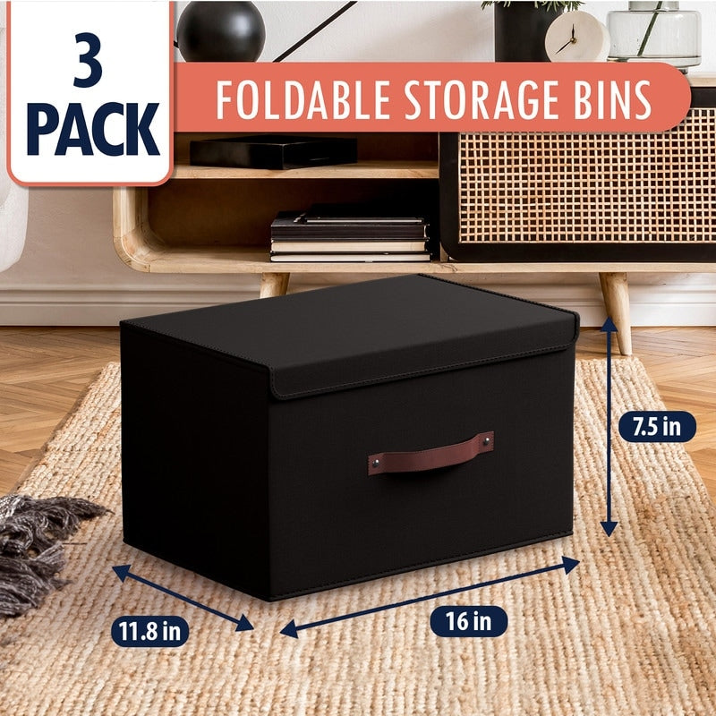 Grands bacs de rangement pliables en lin avec poignées et couvercle en cuir - Lot de 3