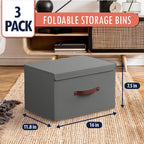 Grands bacs de rangement pliables en lin avec poignées et couvercle en cuir - Lot de 3