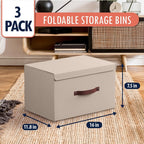Grands bacs de rangement pliables en lin avec poignées et couvercle en cuir - Lot de 3