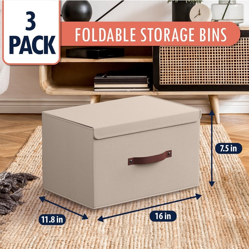 Grands bacs de rangement pliables en lin avec poignées et couvercle en cuir - Lot de 3