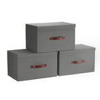 Grands bacs de rangement pliables en lin avec poignées et couvercle en cuir - Lot de 3