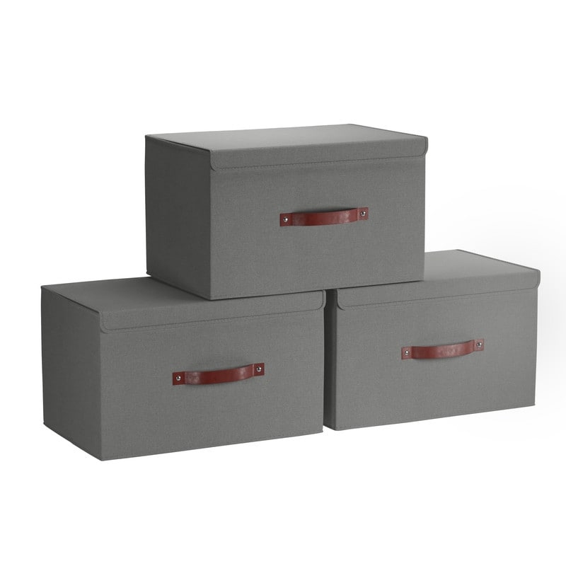 Grands bacs de rangement pliables en lin avec poignées et couvercle en cuir - Lot de 3