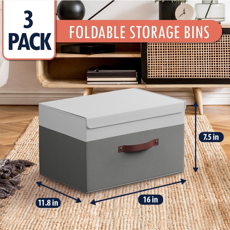 Grands bacs de rangement pliables en lin avec poignées et couvercle en cuir - Lot de 3