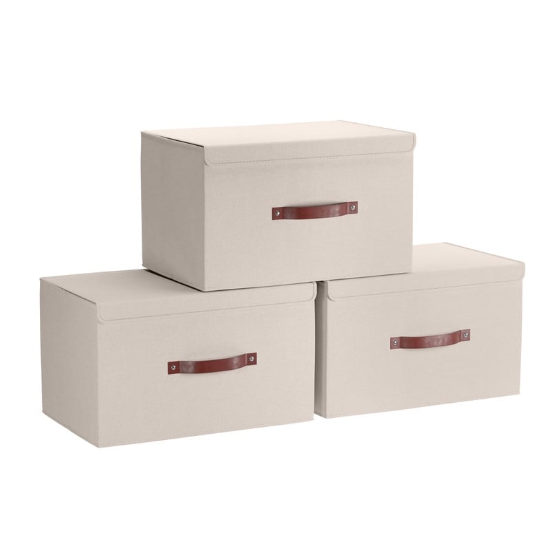 Grands bacs de rangement pliables en lin avec poignées et couvercle en cuir - Lot de 3