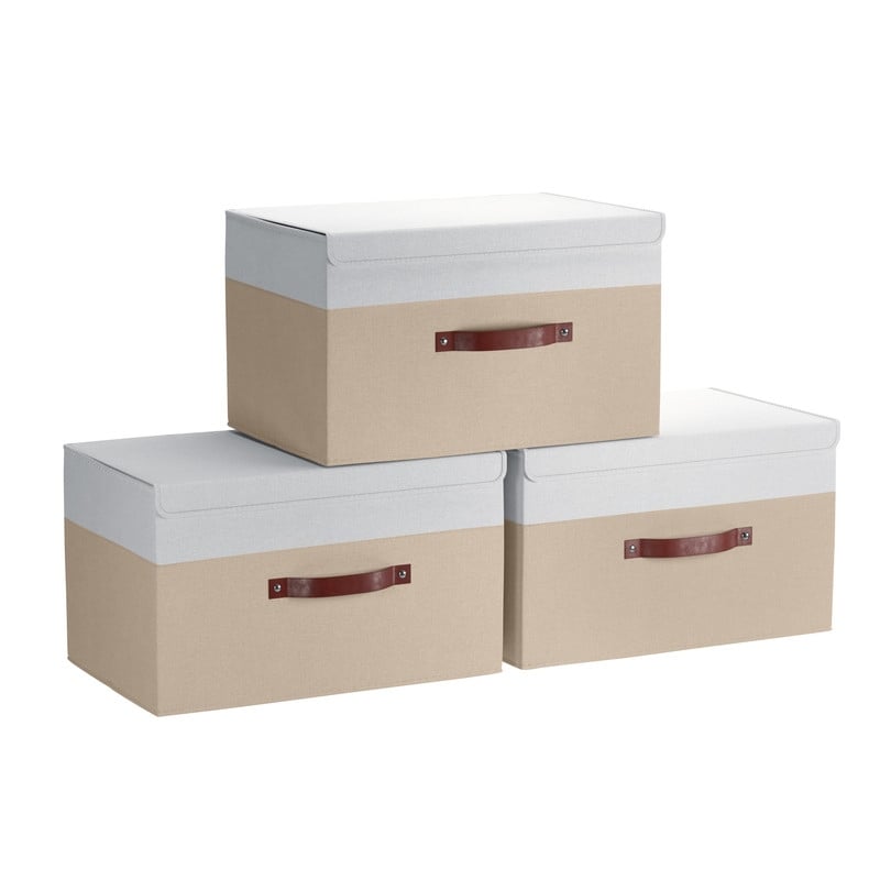 Grands bacs de rangement pliables en lin avec poignées et couvercle en cuir - Lot de 3