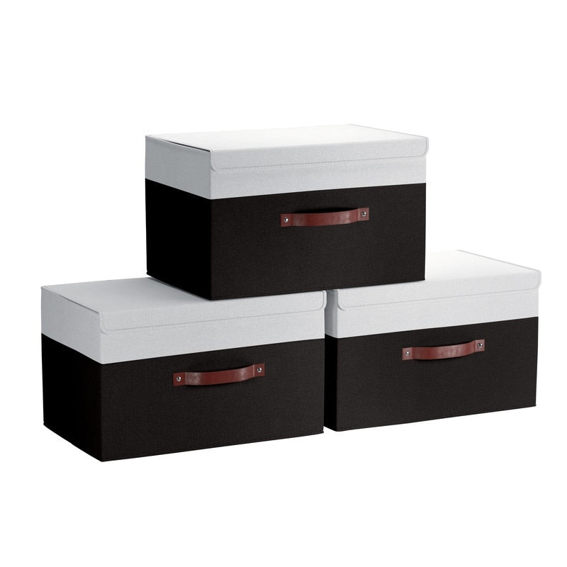 Grands bacs de rangement pliables en lin avec poignées et couvercle en cuir - Lot de 3