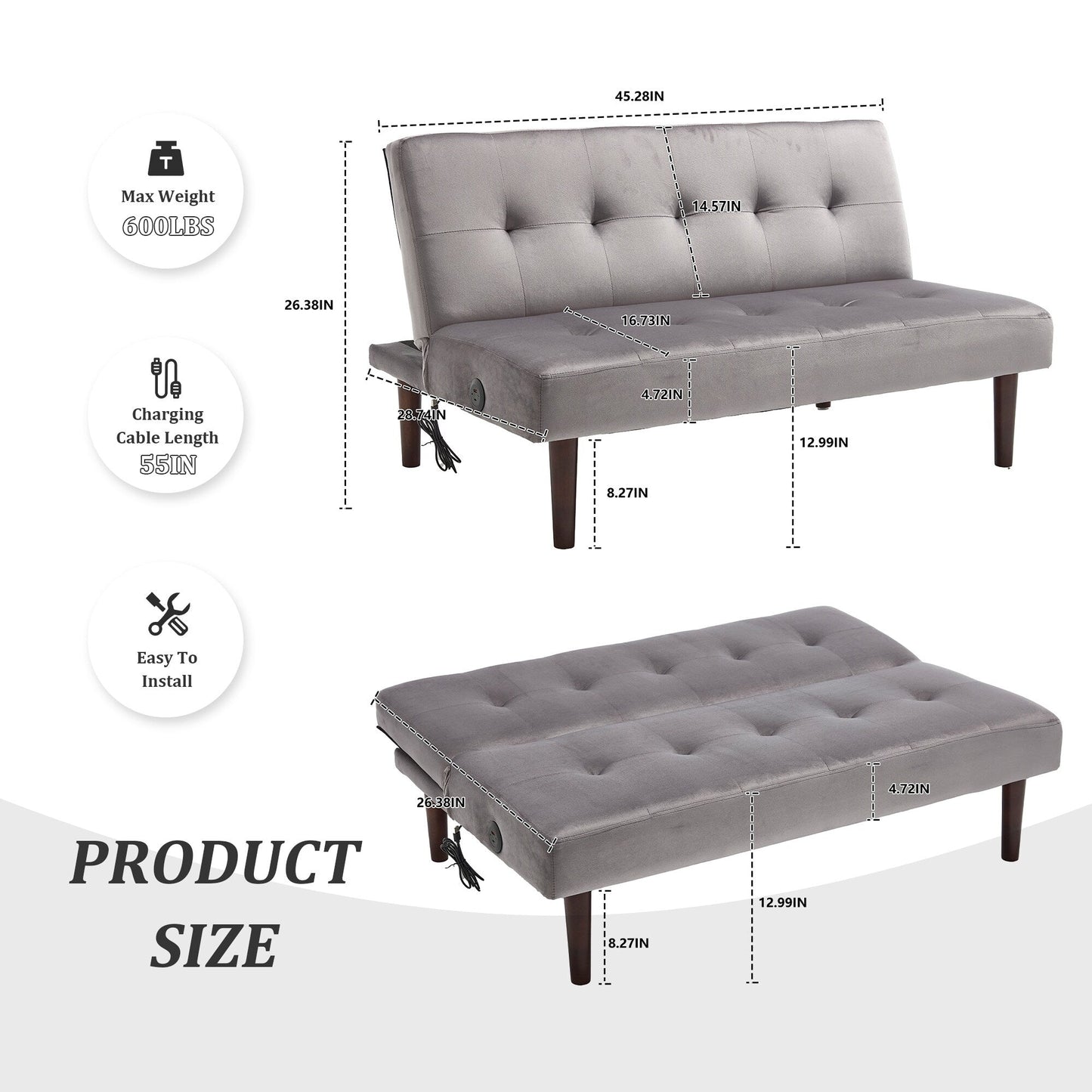 Canapé-lit pliable et tendance, dossier en flanelle haut de gamme, canapé inclinable et futon réglable, canapé moderne et tendance avec port de chargement