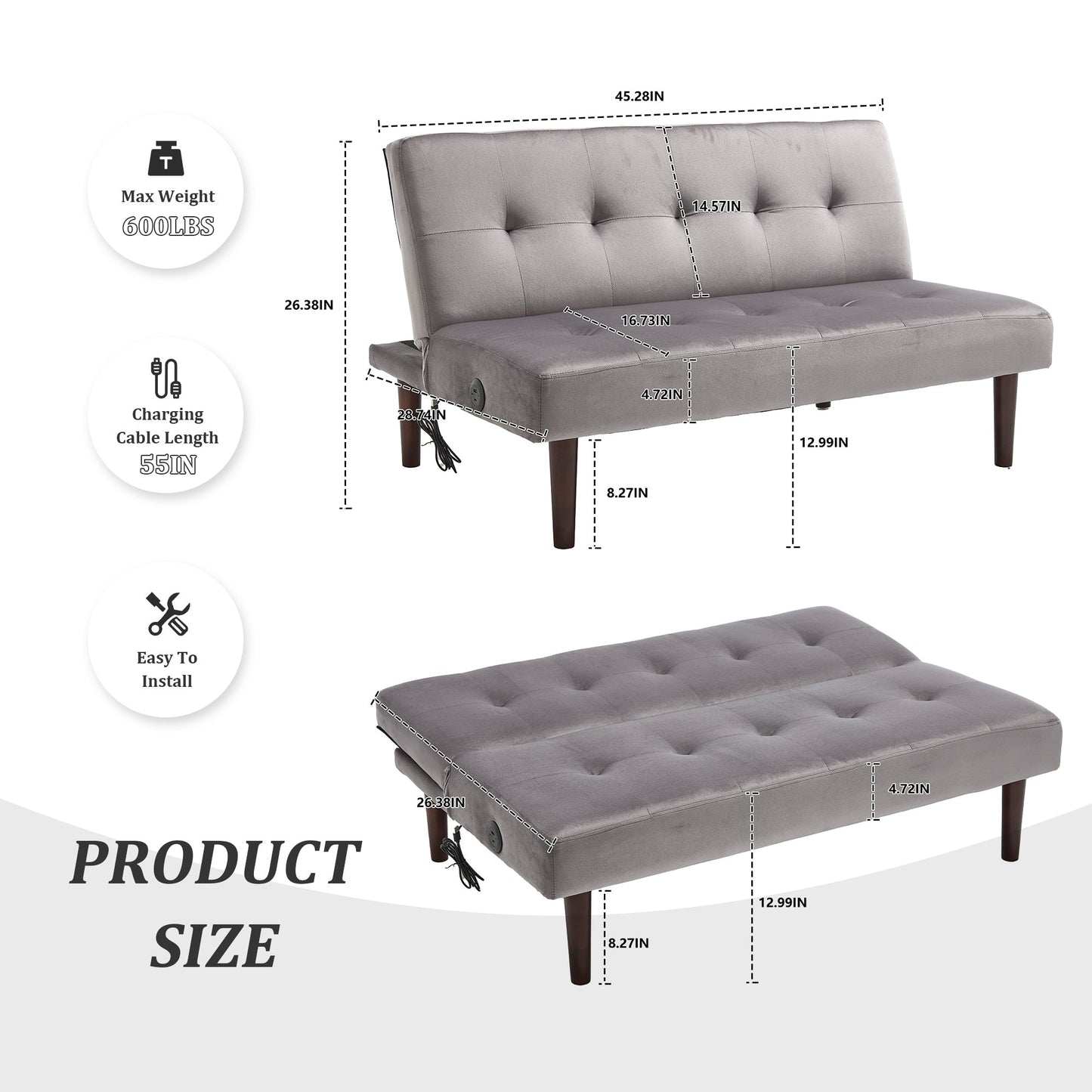 Canapé-lit pliable et tendance, dossier en flanelle haut de gamme, canapé inclinable et futon réglable, canapé moderne et tendance avec port de chargement
