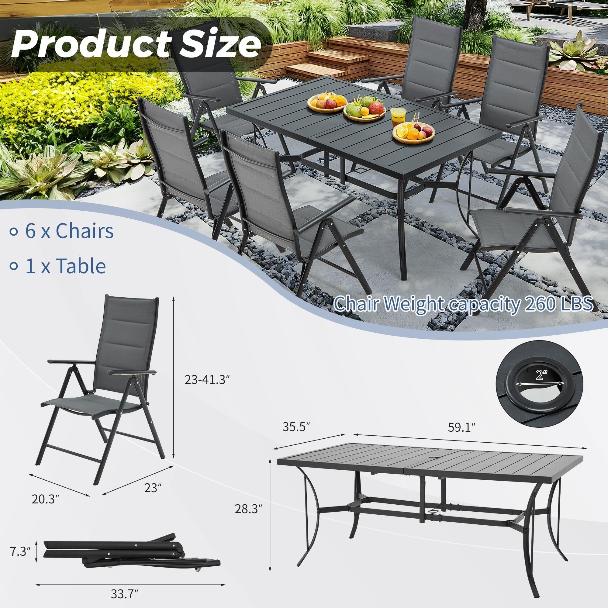 Ensemble de salle à manger de patio 7 pièces EROMMY avec chaises longues pliantes et table en aluminium, mobilier d'extérieur pour jardin, terrasse ou balcon.