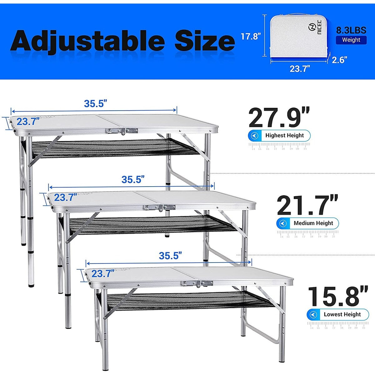 Table pliante à hauteur réglable, table de camping portable en aluminium léger, avec poignée de transport pour l'extérieur et la plage