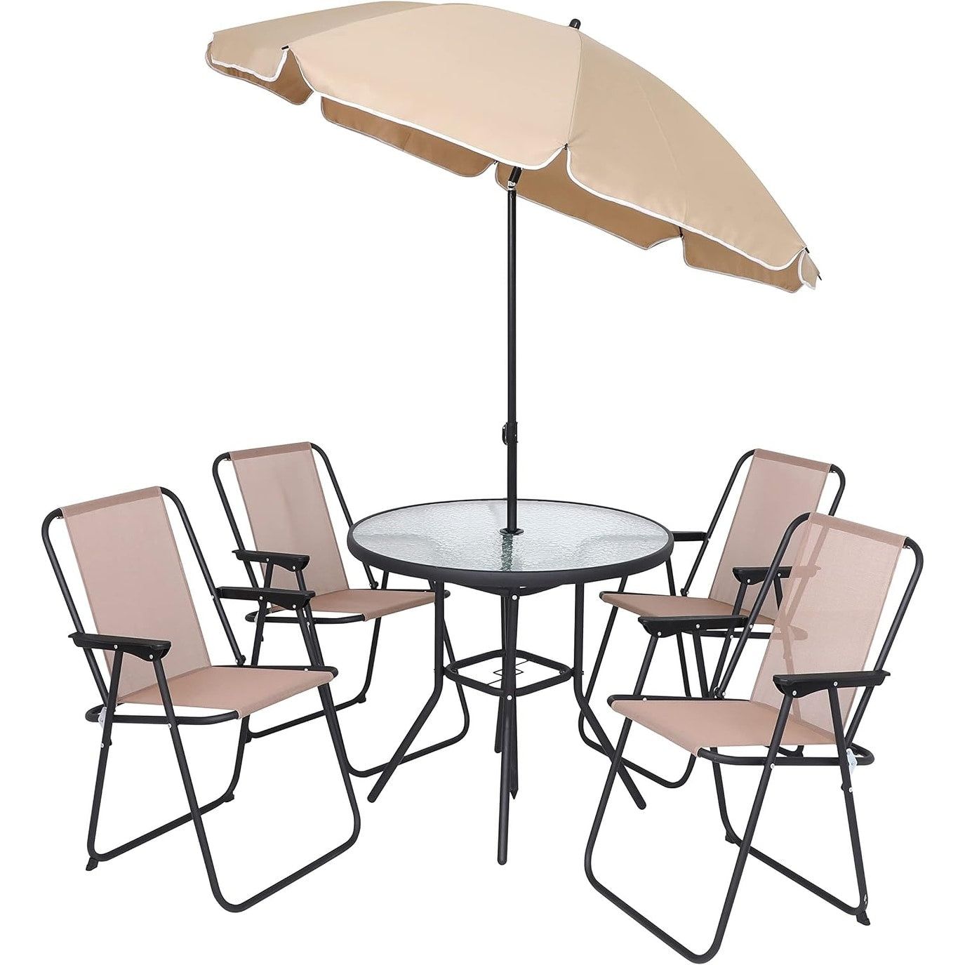 Ensemble de salle à manger de jardin pliable, 6 pièces, avec parasol incliné, 4 chaises pliantes beiges et 1 table ronde en verre trempé.