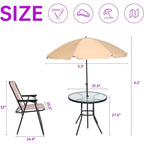 Ensemble de salle à manger de jardin pliable, 6 pièces, avec parasol incliné, 4 chaises pliantes beiges et 1 table ronde en verre trempé.