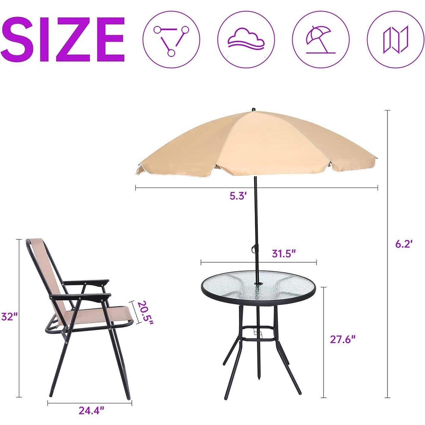Ensemble de salle à manger de jardin pliable, 6 pièces, avec parasol incliné, 4 chaises pliantes beiges et 1 table ronde en verre trempé.