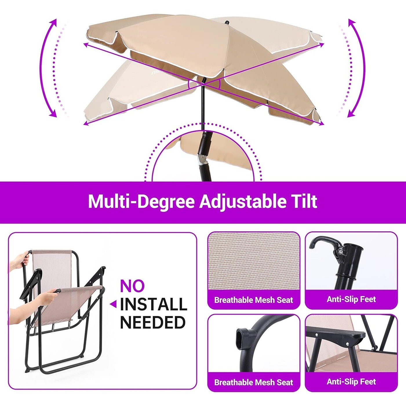 Ensemble de salle à manger de jardin pliable, 6 pièces, avec parasol incliné, 4 chaises pliantes beiges et 1 table ronde en verre trempé.