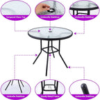 Ensemble de salle à manger de jardin pliable, 6 pièces, avec parasol incliné, 4 chaises pliantes beiges et 1 table ronde en verre trempé.