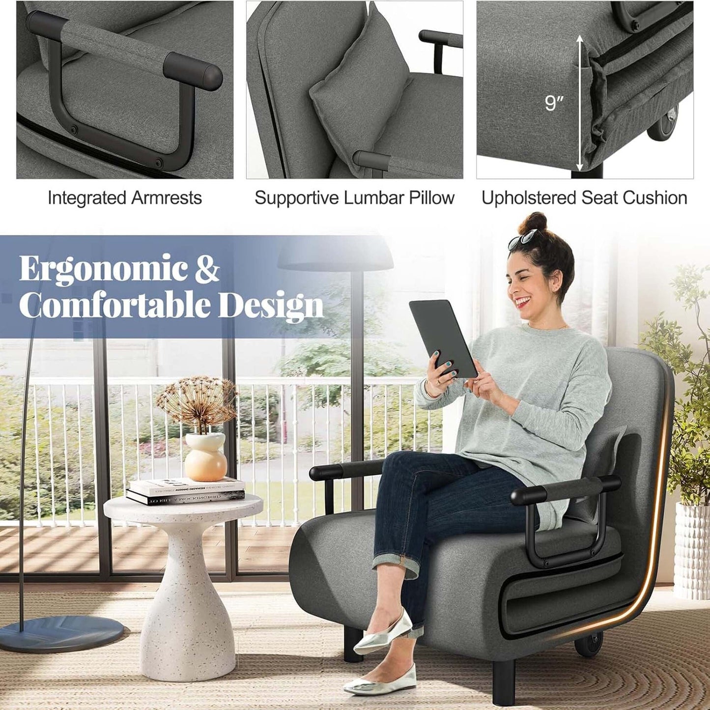 Fauteuil-lit pliant convertible avec dossier réglable