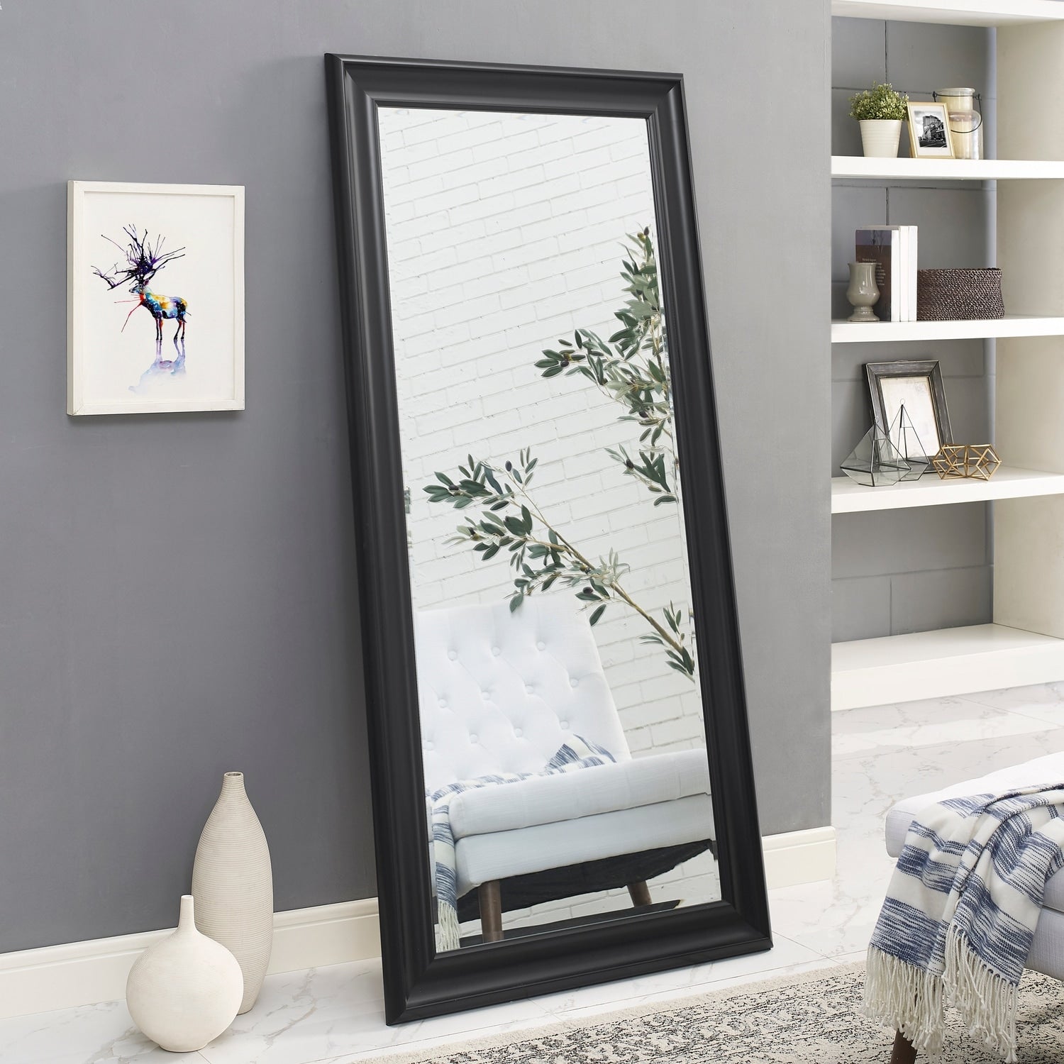 Miroir de sol encadré pleine longueur - Grand miroir rectangulaire sur pied, miroir intégral pour chambre et dressing