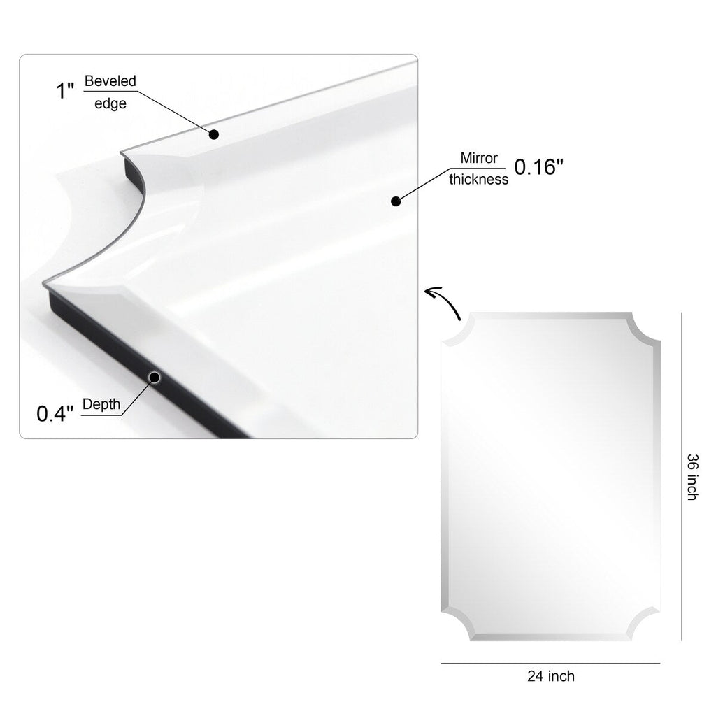 Miroir mural biseauté festonné rectangulaire sans cadre, pour salle de bain, coiffeuse et chambre à coucher, 1 bord biseauté - Transparent