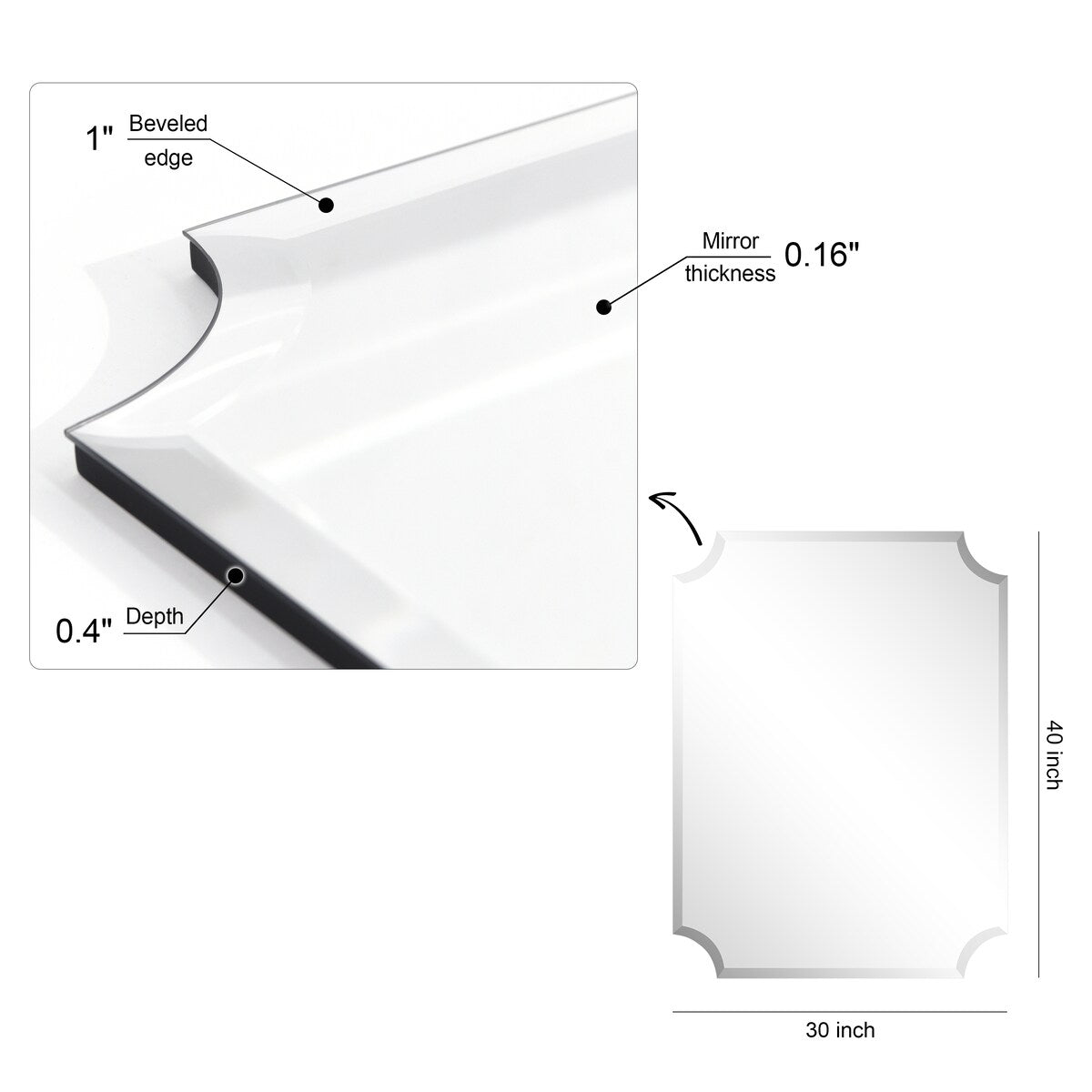 Miroir mural biseauté festonné rectangulaire sans cadre, pour salle de bain, coiffeuse et chambre à coucher, 1 bord biseauté - Transparent