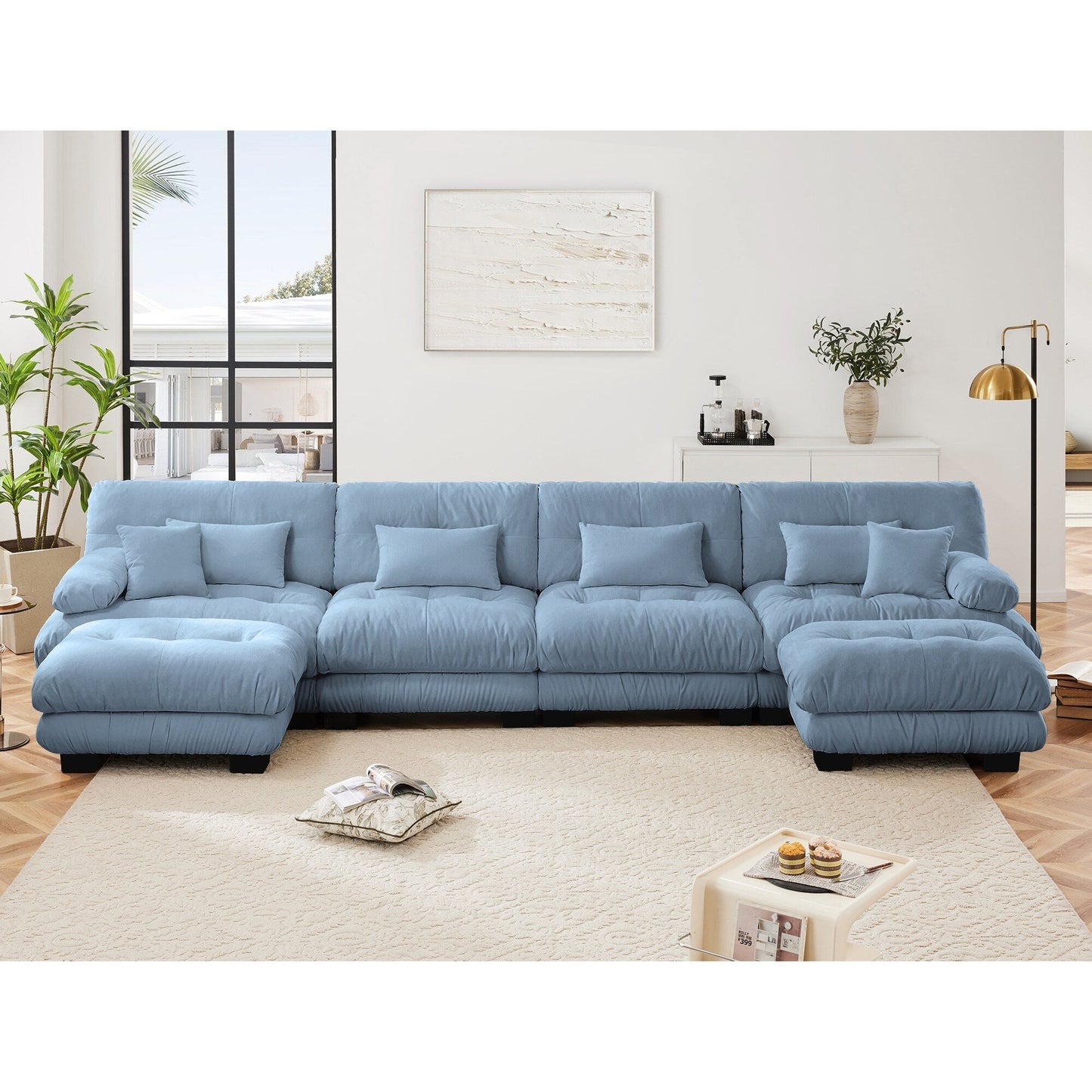 Canapé modulable 4 places en chenille avec 2 poufs et coussins pour le salon
