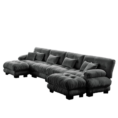 Canapé modulable 4 places en chenille avec 2 poufs et coussins pour le salon