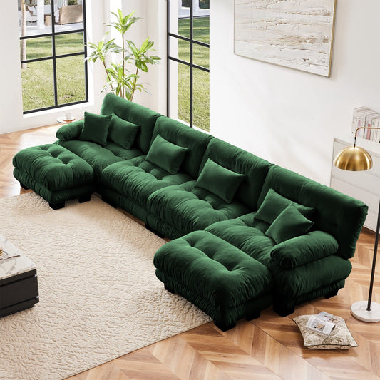 Canapé modulable 4 places en chenille avec 2 poufs et coussins pour le salon