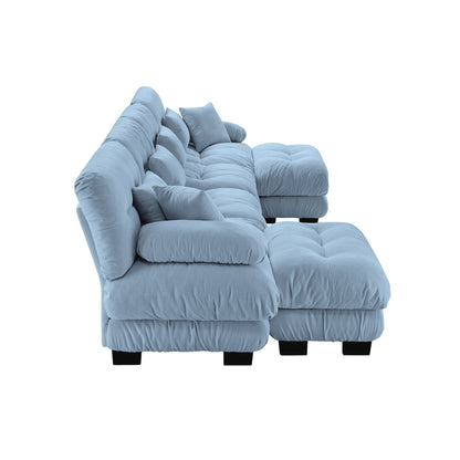 Canapé modulable 4 places en chenille avec 2 poufs et coussins pour le salon