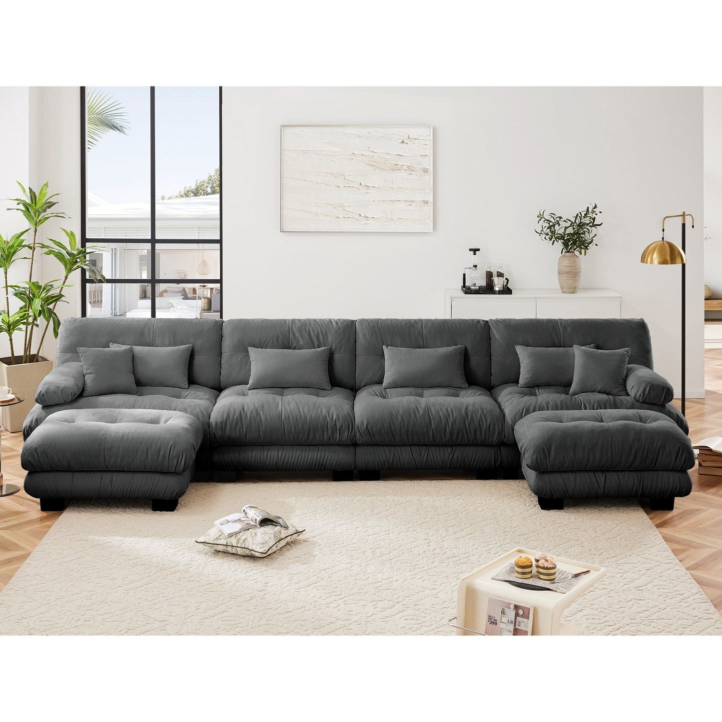 Canapé modulable 4 places en chenille avec 2 poufs et coussins pour le salon
