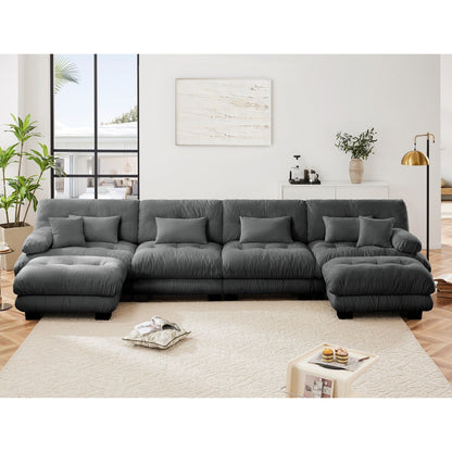 Canapé modulable 4 places en chenille avec 2 poufs et coussins pour le salon