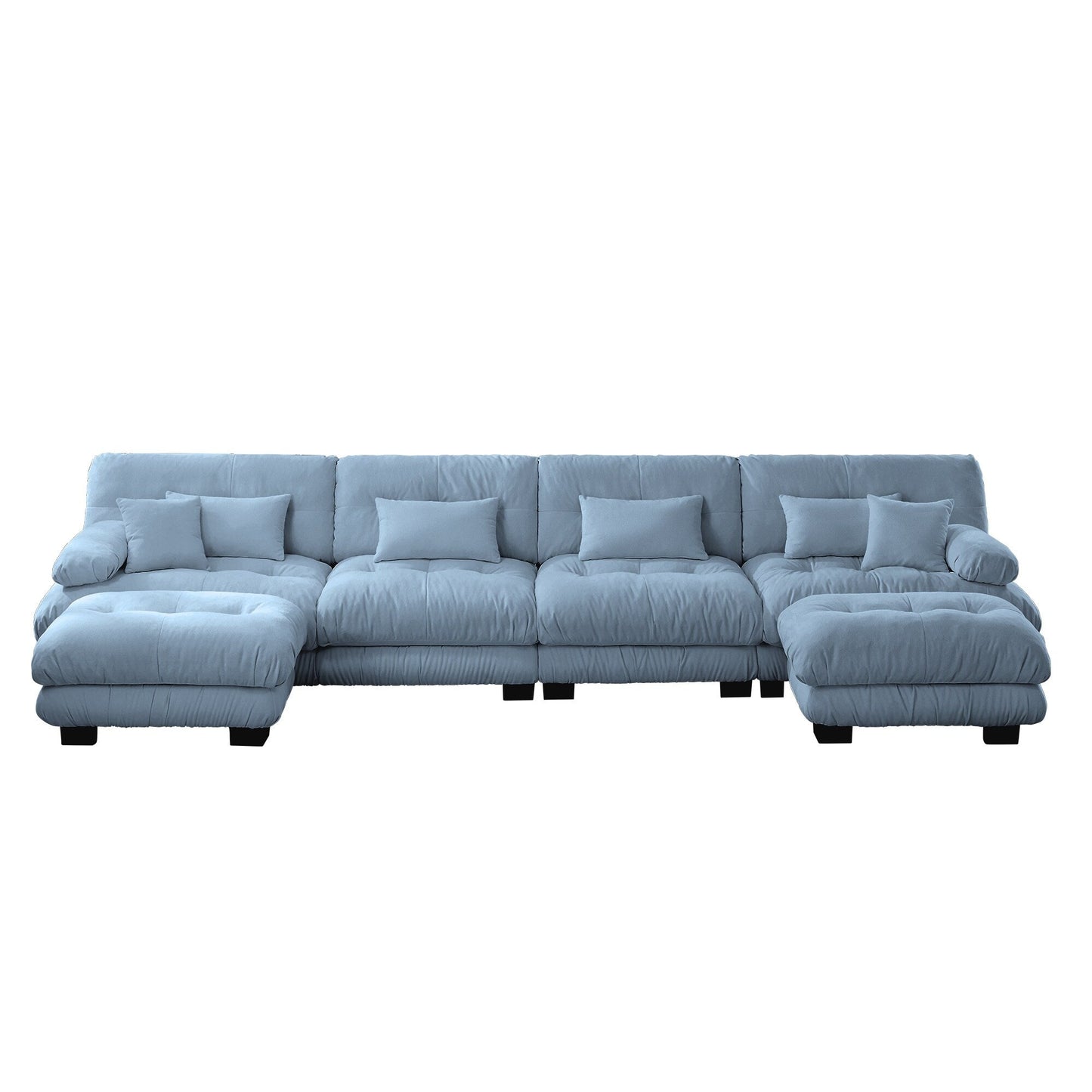 Canapé modulable 4 places en chenille avec 2 poufs et coussins pour le salon