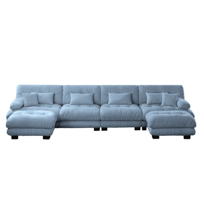 Canapé modulable 4 places en chenille avec 2 poufs et coussins pour le salon