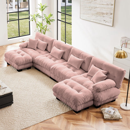 Canapé modulable 4 places en chenille avec 2 poufs et coussins pour le salon