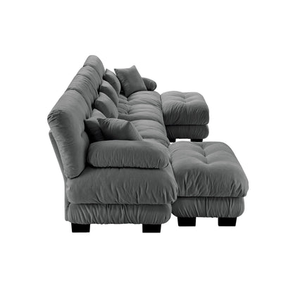 Canapé modulable 4 places en chenille avec 2 poufs et coussins pour le salon