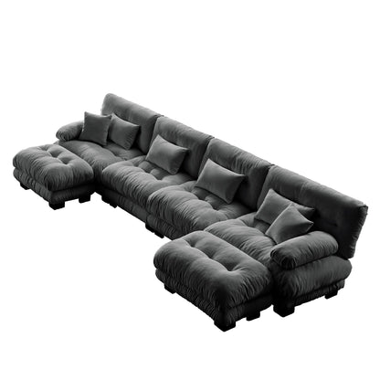 Canapé modulable 4 places en chenille avec 2 poufs et coussins pour le salon