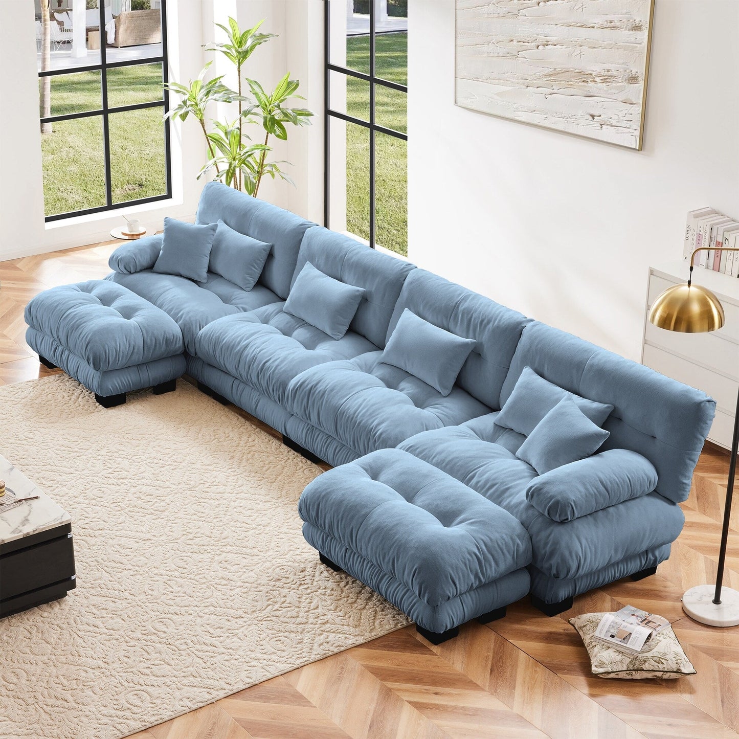 Canapé modulable 4 places en chenille avec 2 poufs et coussins pour le salon