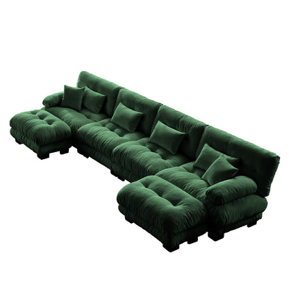 Canapé modulable 4 places en chenille avec 2 poufs et coussins pour le salon