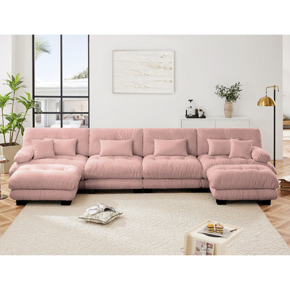 Canapé modulable 4 places en chenille avec 2 poufs et coussins pour le salon
