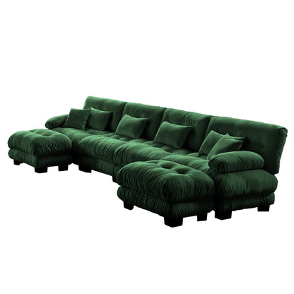 Canapé modulable 4 places en chenille avec 2 poufs et coussins pour le salon