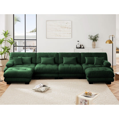 Canapé modulable 4 places en chenille avec 2 poufs et coussins pour le salon