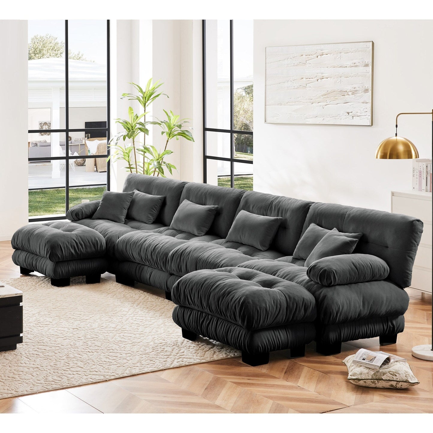 Canapé modulable 4 places en chenille avec 2 poufs et coussins pour le salon