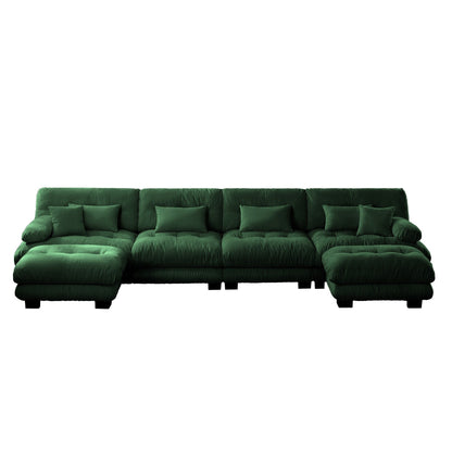 Canapé modulable 4 places en chenille avec 2 poufs et coussins pour le salon