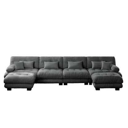 Canapé modulable 4 places en chenille avec 2 poufs et coussins pour le salon