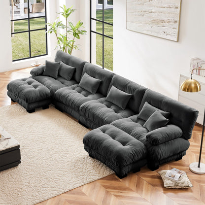 Canapé modulable 4 places en chenille avec 2 poufs et coussins pour le salon