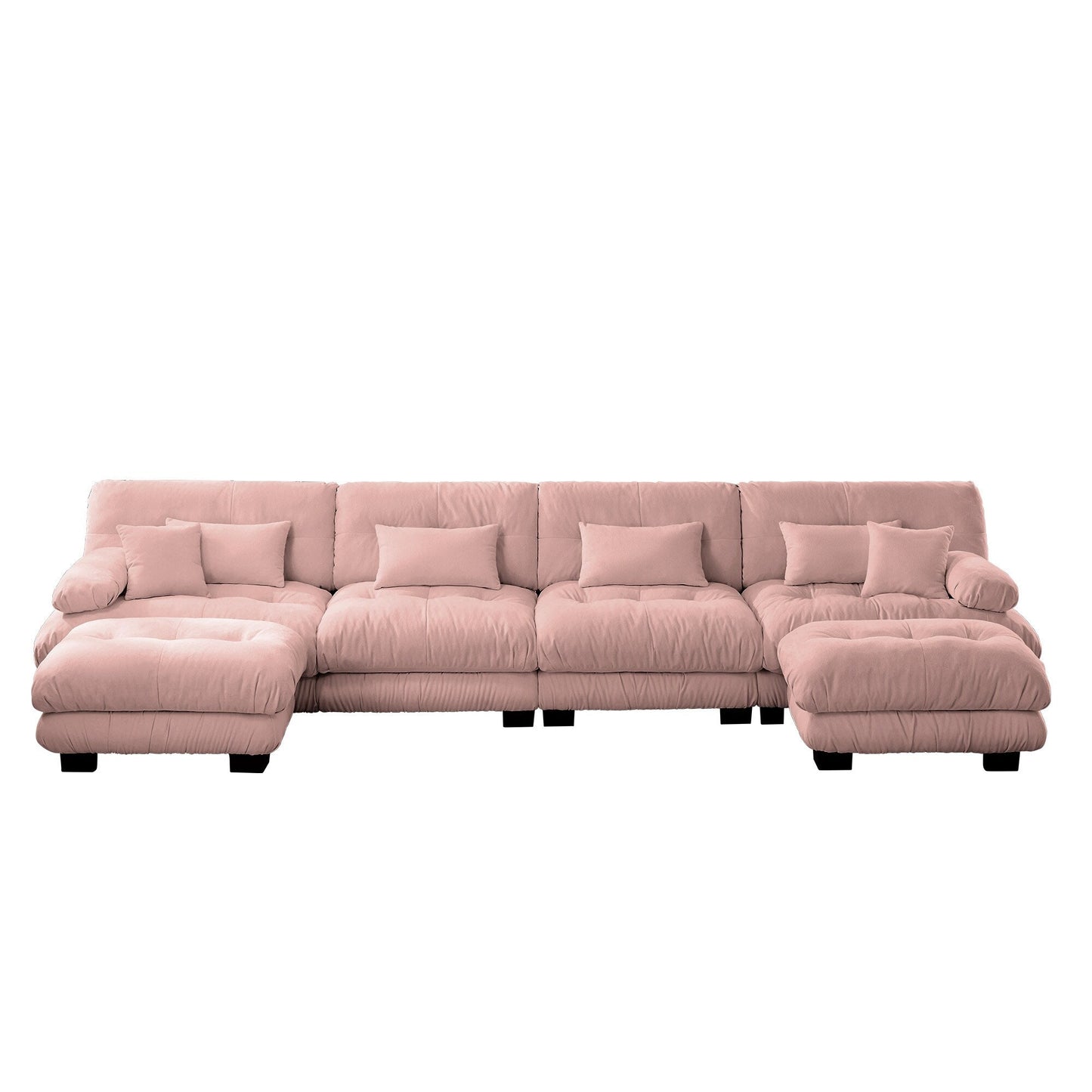 Canapé modulable 4 places en chenille avec 2 poufs et coussins pour le salon