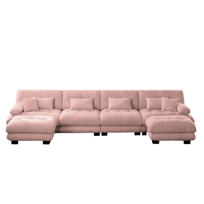 Canapé modulable 4 places en chenille avec 2 poufs et coussins pour le salon