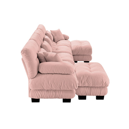 Canapé modulable 4 places en chenille avec 2 poufs et coussins pour le salon