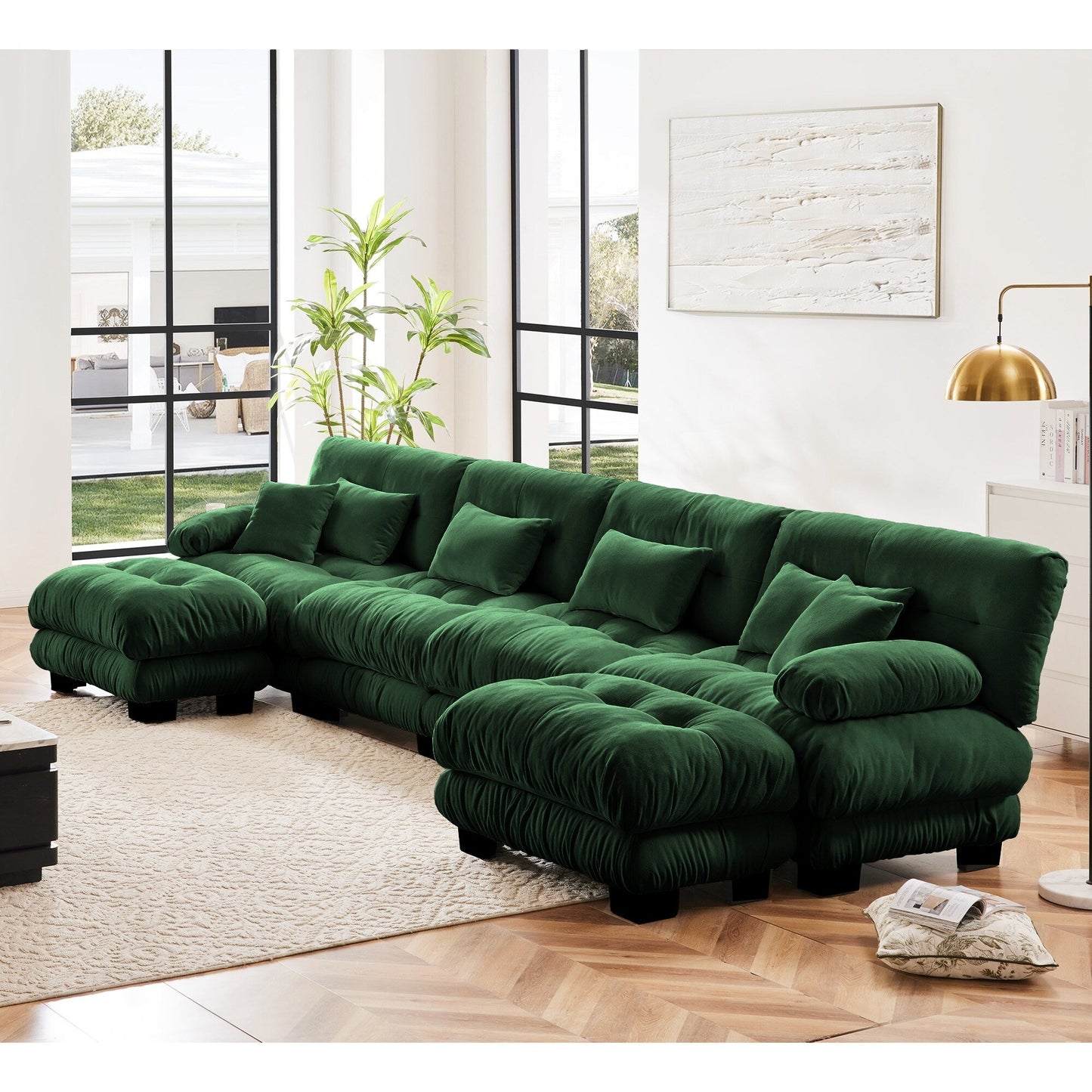 Canapé modulable 4 places en chenille avec 2 poufs et coussins pour le salon