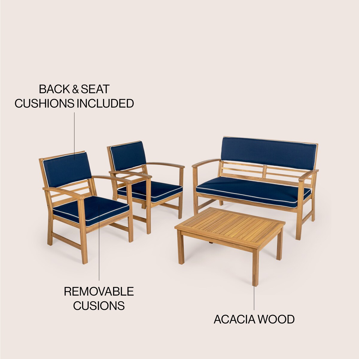 Ensemble de patio extérieur Freja 4 pièces en bois d'acacia côtier moderne avec coussins, par JONATHAN Y